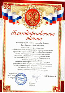 Благодарственное письмо от имени команды БРОО "Поверь в себя"